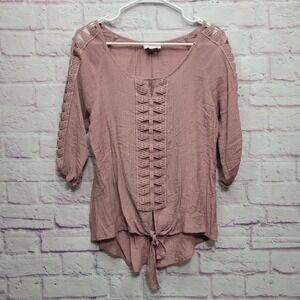 Fyve Crochet Lace Peasant Tunic Blouse M Tie Front Romantic Flowy Boho Softgirl